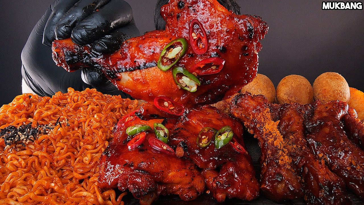 острая курица и лапша Spicy BBQ Chicken 🍗 Fire Noodles Pork Rib Cheese Ball EATING ASMR MUKBANG