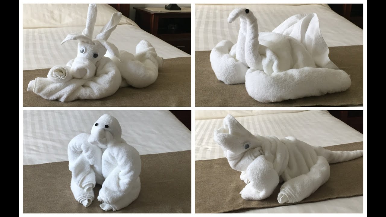 4 Ideas Towel Animals Origami-Lizard, Deer, Turkey, Gorilla