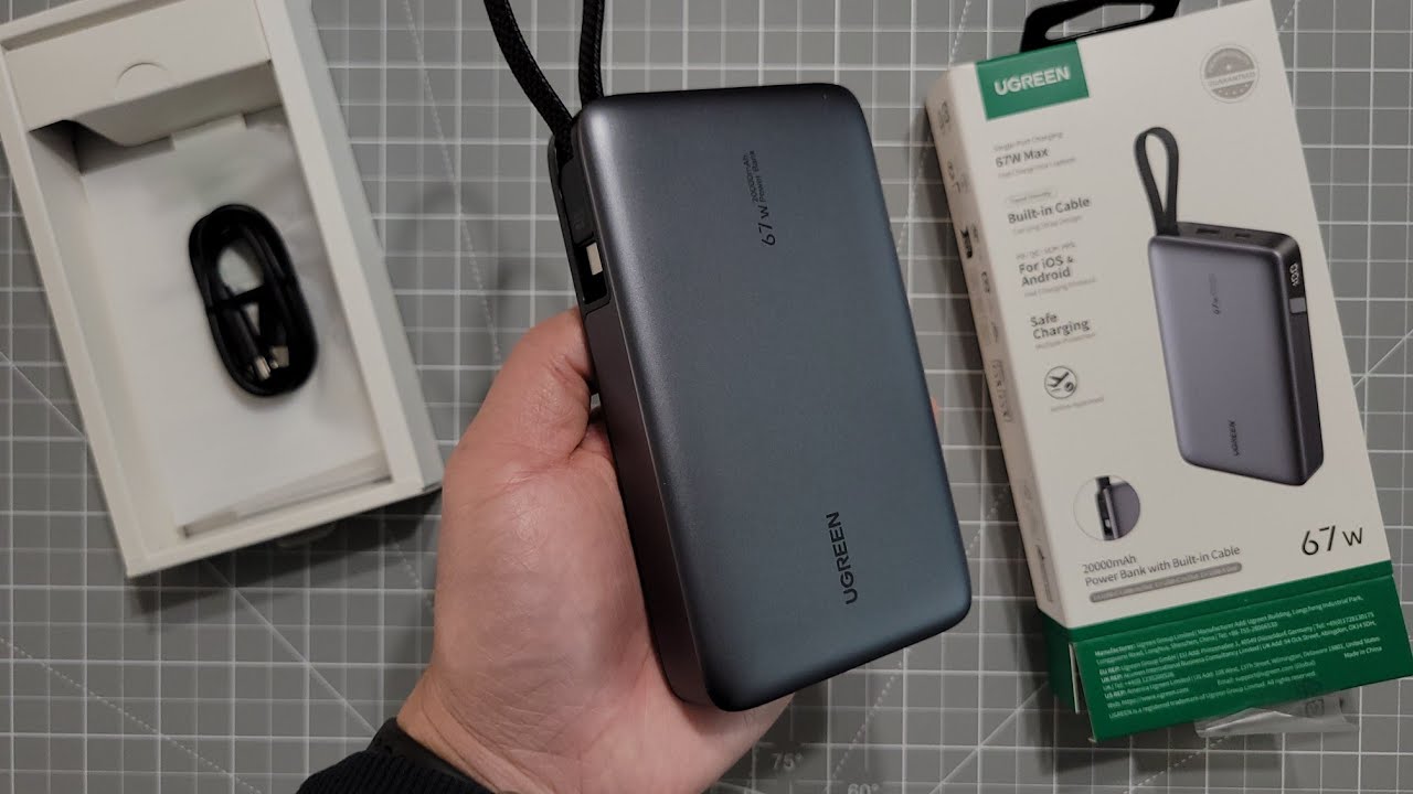 Внешний аккумулятор UGREEN 67 Вт со встроенным кабелем USB-C, емкость аккумулятора 20 000 мАч.