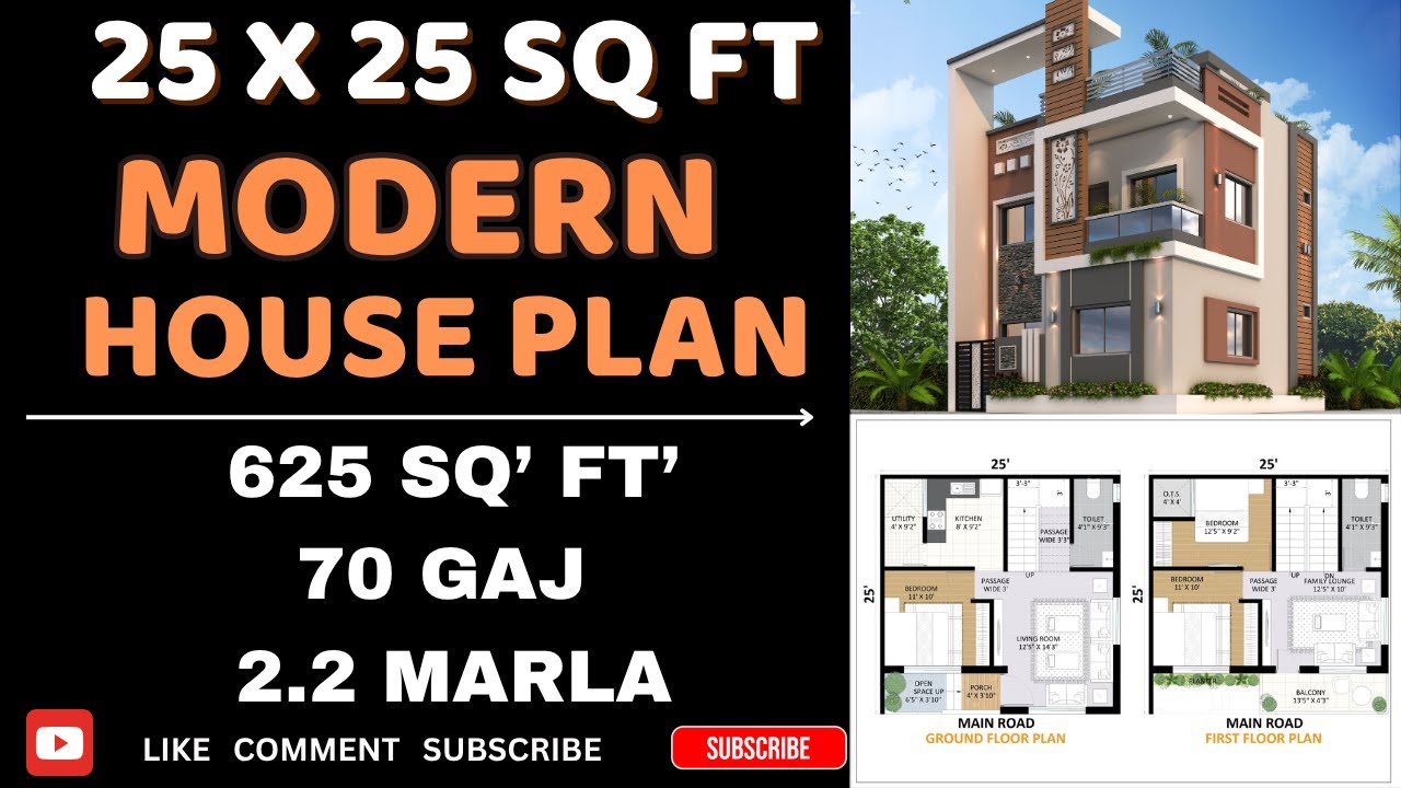 25x25 Modern House Plan | 2 Floor Small Plot Design with Full Dimensions | 🏠 625 Sq Ft Compact Home