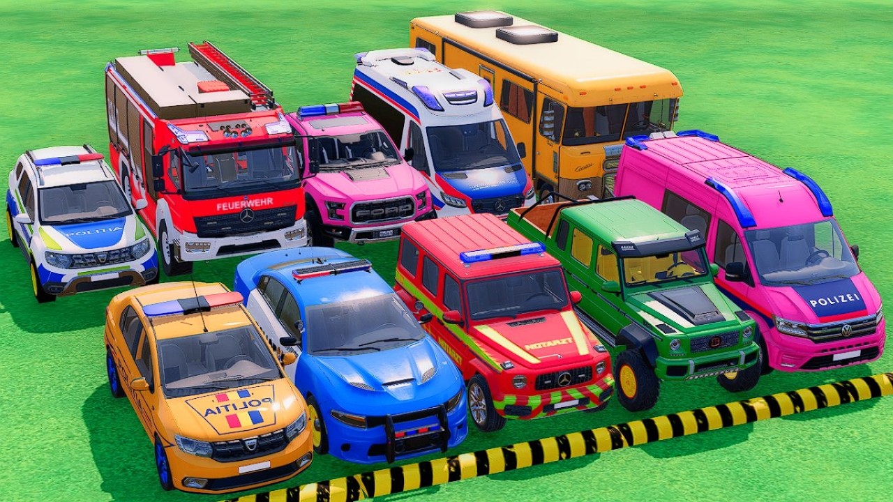TRANSPORTING POLICE CARS, FIRE DEPARTMENT, AMBULANCE WITH TRAIN, DACIA, FORD, VOLKSWAGEN ! FS22 #31