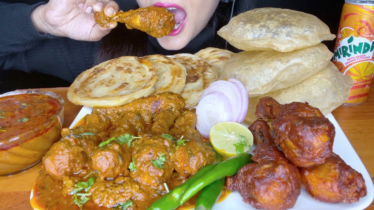ASMR:EATING POORI WITH CHICKEN+PARATHA+SPICY CHICKEN MASALA+CHICKEN LEG PIECE *FOOD EATING*