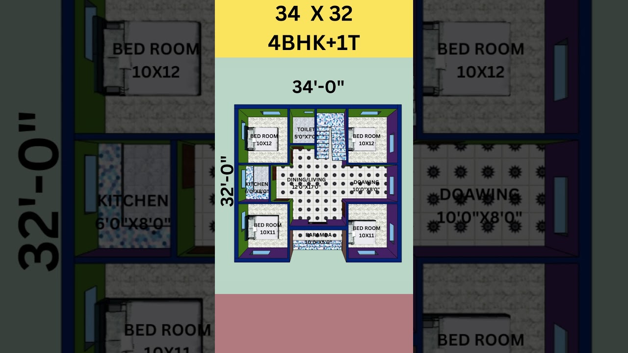 32x34 3d house plan design wit 4 bed room, 4 bhk house, ghar ka design #shorts #homeplan #viral