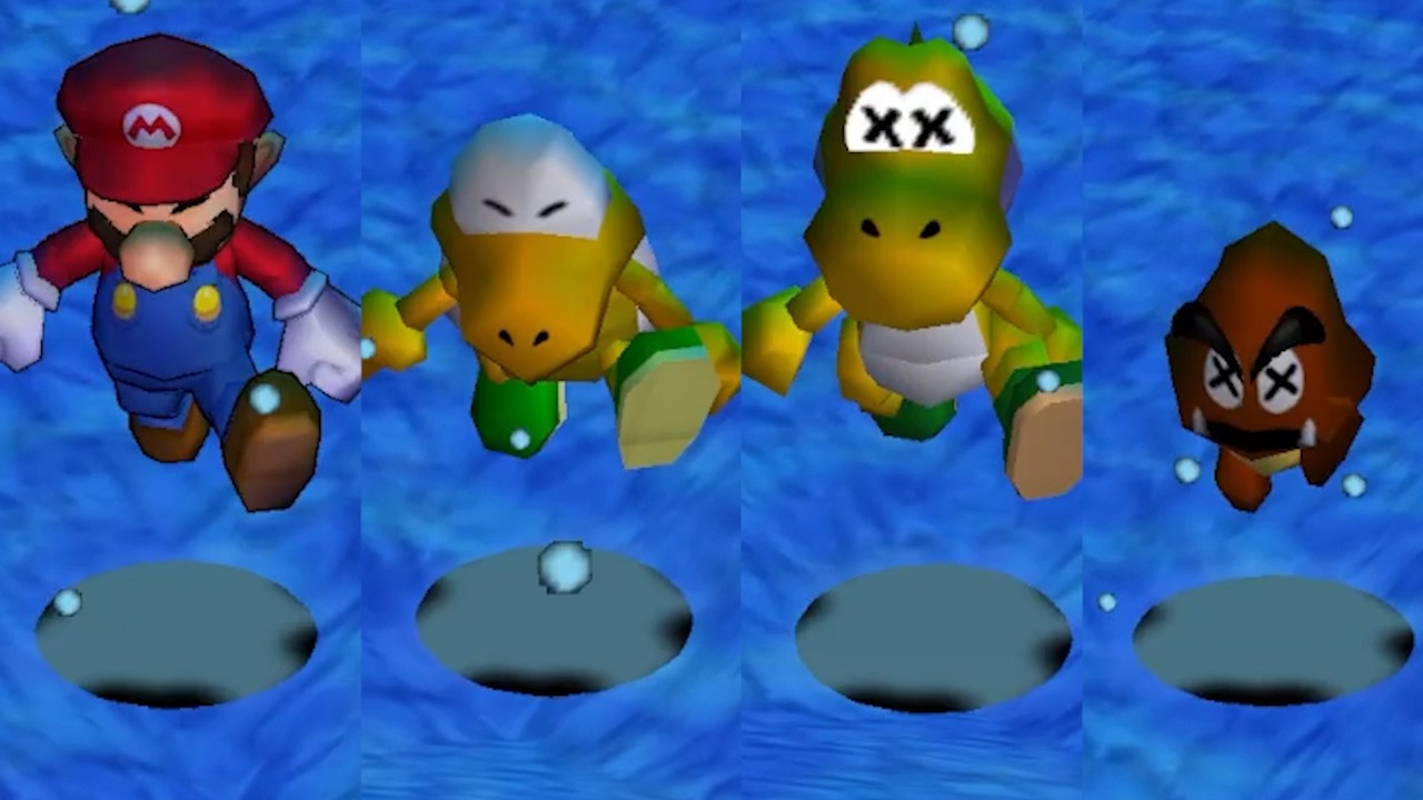 Все особые персонажи, падающие на лед в Super Mario 64 Night