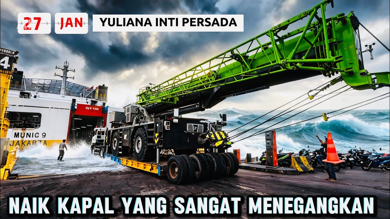 OH MY GOD‼️MENEGANGKAN SEKALI TRUCK YULIANA MEMBAWA CRANE 130 NAIK KAPAL DI PELABUHAN MERAK