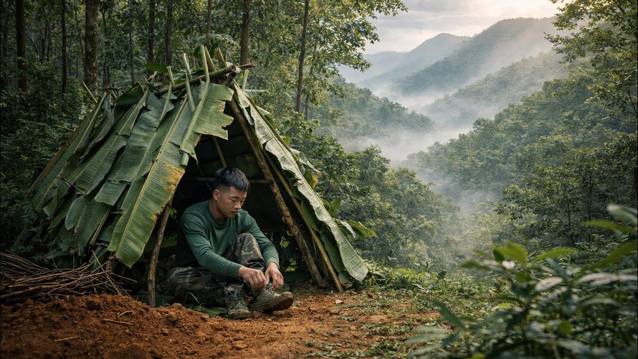 How to build a shelter using banana leaves in the deep fore#survival #setupatent#cooking 