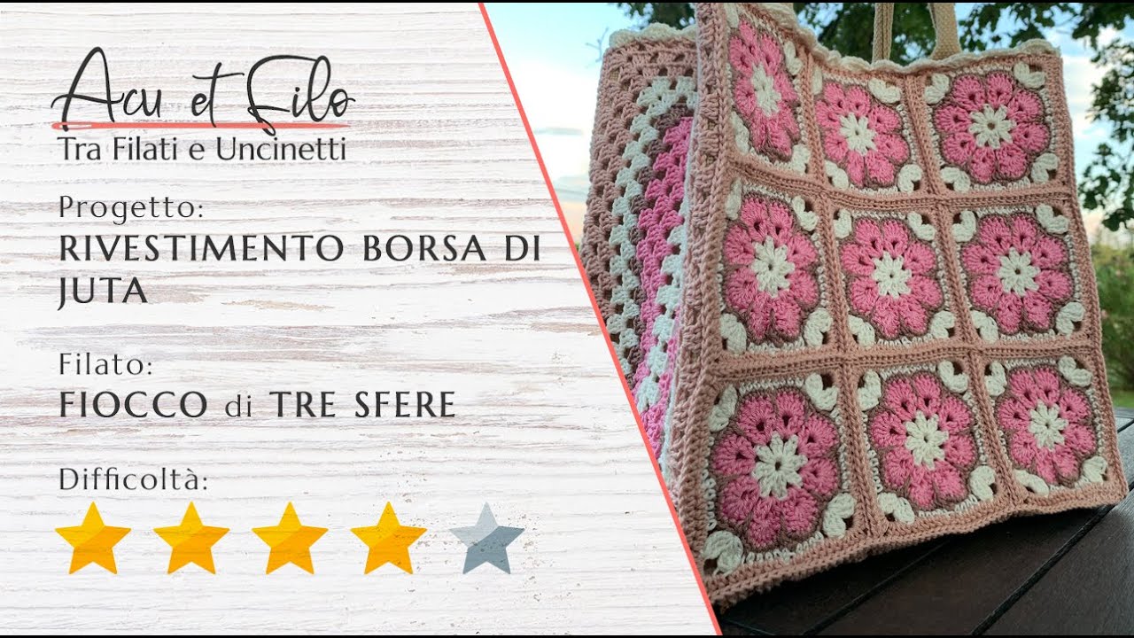 Tutorial come unire mattonelle granny ad uncinetto per rivestire borsa di juta