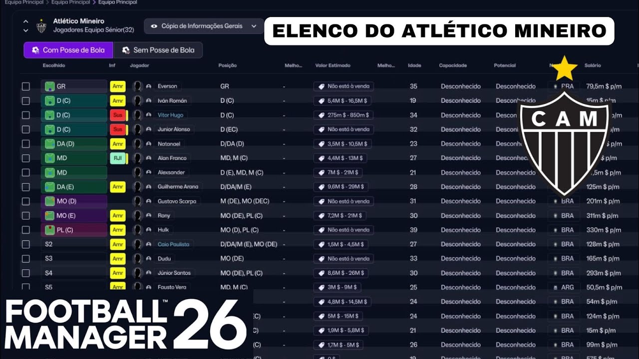 FM26 - CONHECENDO O ELENCO DO ATLÉTICO MINEIRO #futebolmanager