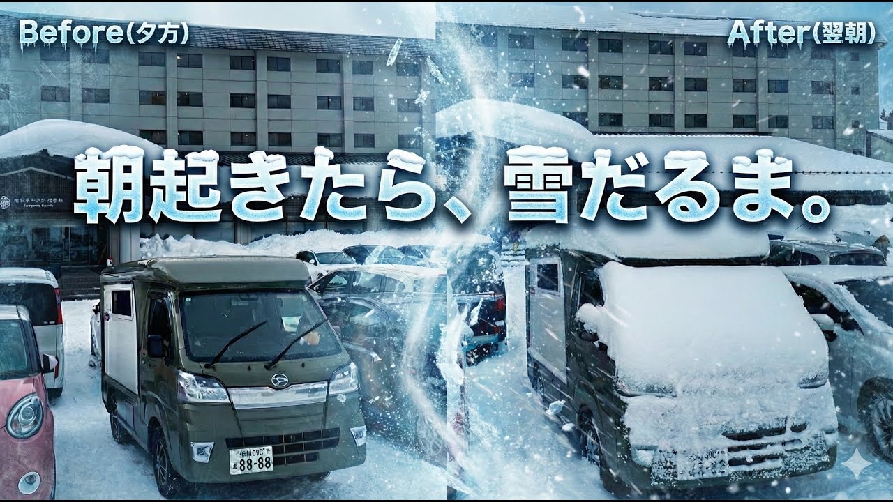 【一晩で埋没】豪雪の東北で軽キャンピングカーが雪だるまに！スタック知らずの4WDで巡る乳頭温泉と福田パン【車中泊旅 3,4日目】