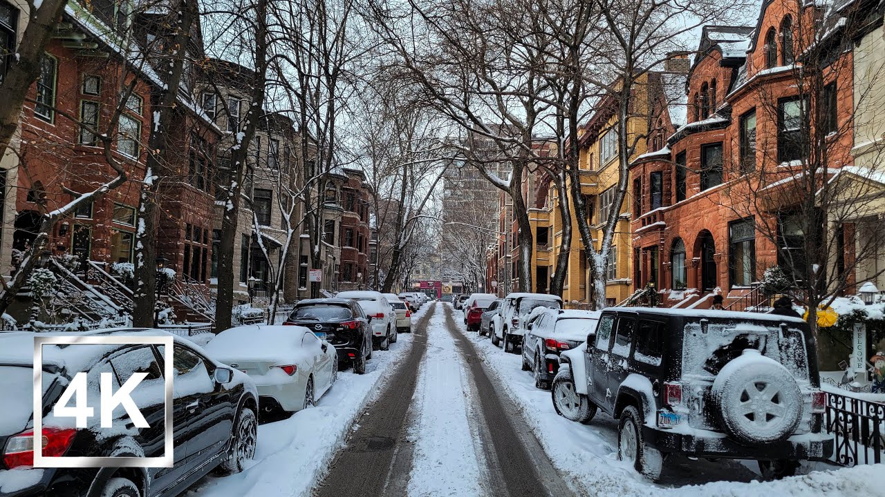 4K Driving in Lincoln Park - A Chicago Neighbourhood - Snowfall Drive - USA