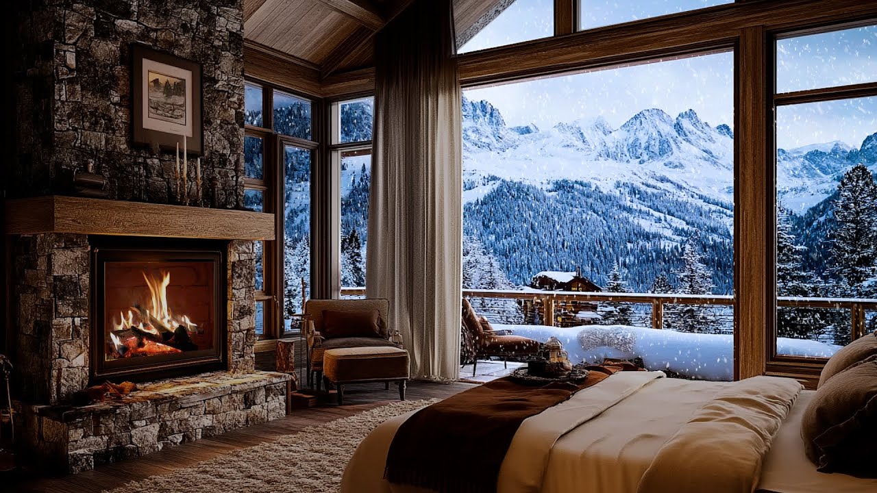 Swiss Mountain Escape: Crackling Fireplace in a Luxury Wooden Cabin - ASMR