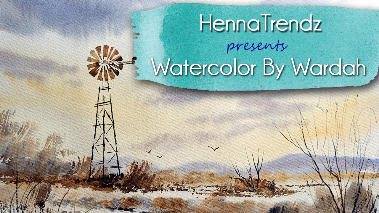 SIMPLE WATERCOLOR WINDMILL Landscape Painting using a Hake Brush ~Demo By Wardah