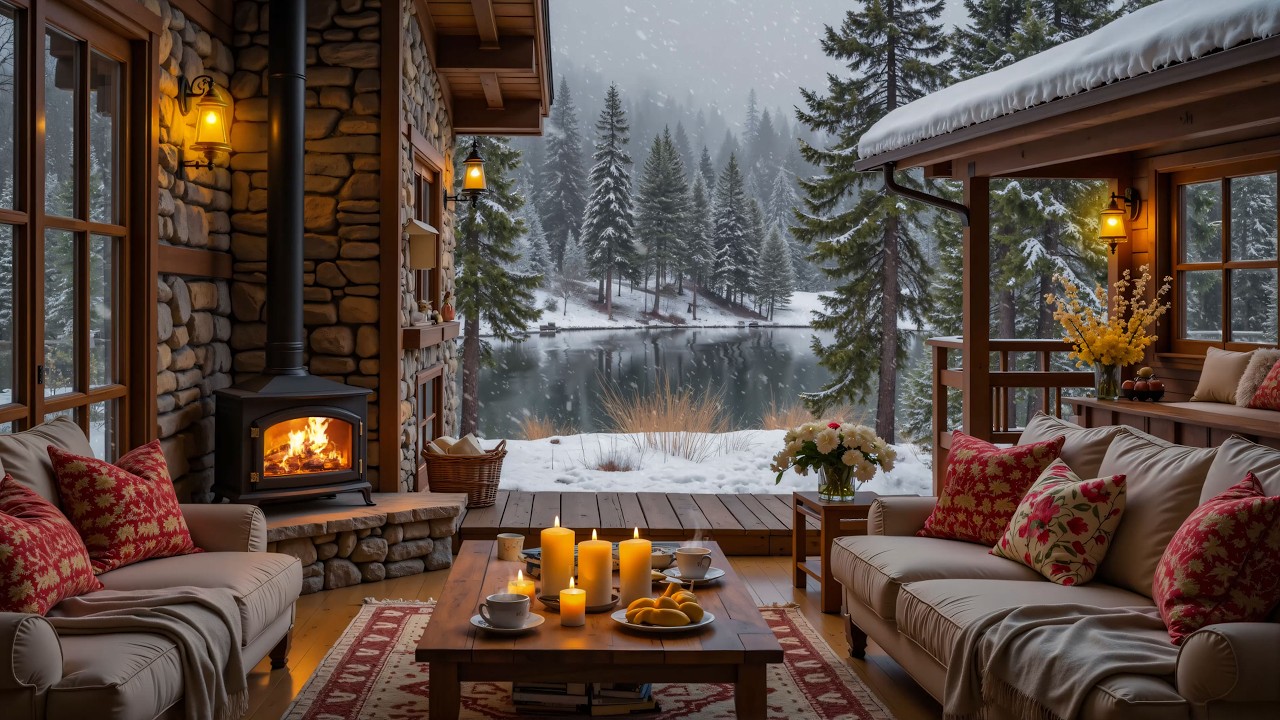 Tranquil Wooden Porch by Winter Lake ❄ Piano Music Background with Crackling Fire for Relaxation