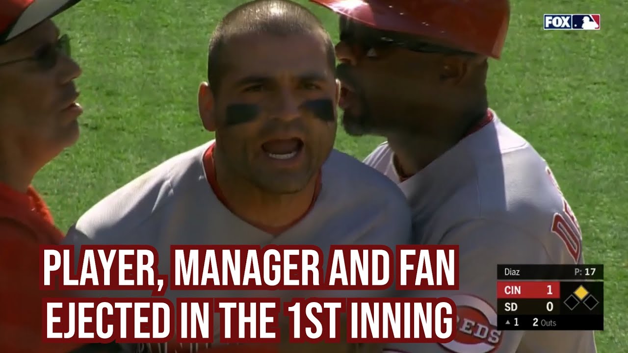 Joey Votto, his manager, and a fan get ejected in the 1st, a breakdown