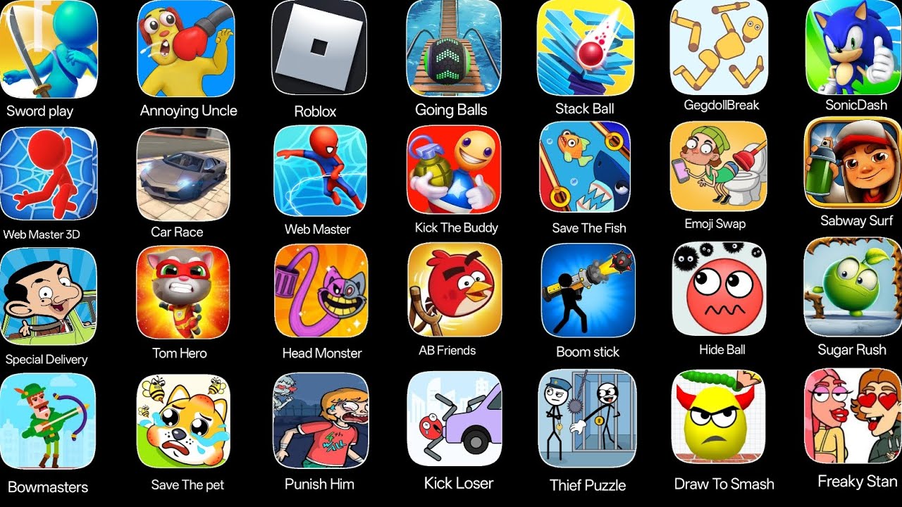 Roblox, Web Master, Hide Balls, Sabway Surf, Race Master, Draw To Smash, Freaky Stan,