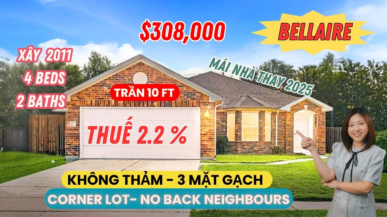 V79-Bellaire- Nhà trệt xây 2011 3 mặt gạch, 100% không thảm, roof-paint 2025, trần 10Ft, thuế  2.2%🔥