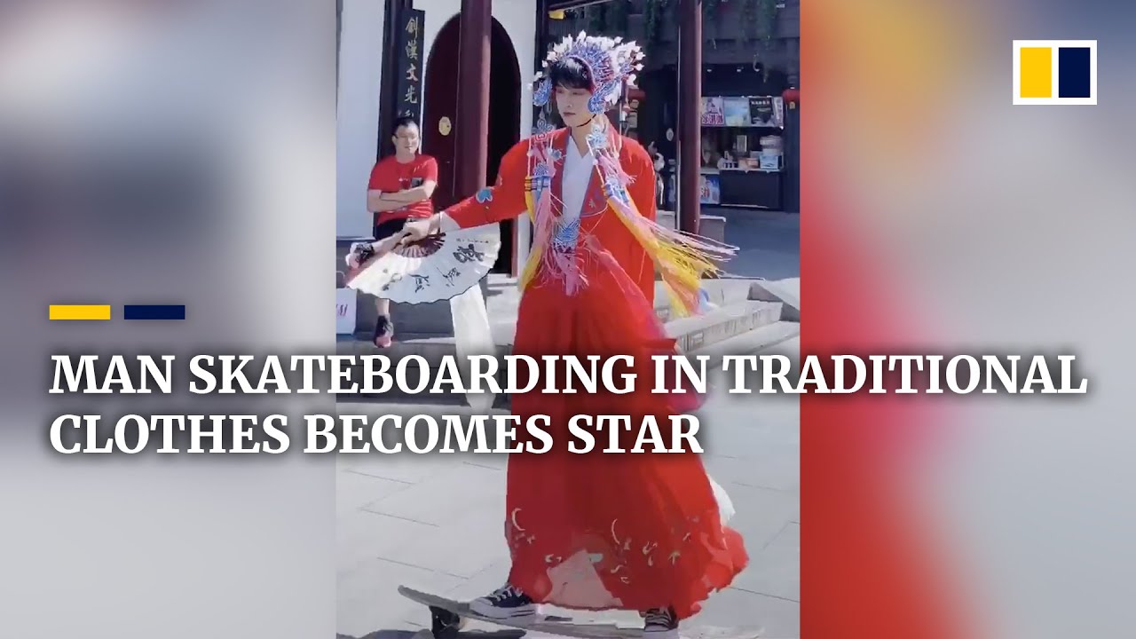 Chinese man skateboarding in traditional clothes becomes internet star