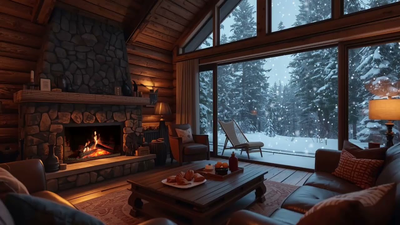 Snowy Cabin Night with Relaxing Jazz 🎶🔥 | Cozy Fireplace Ambience