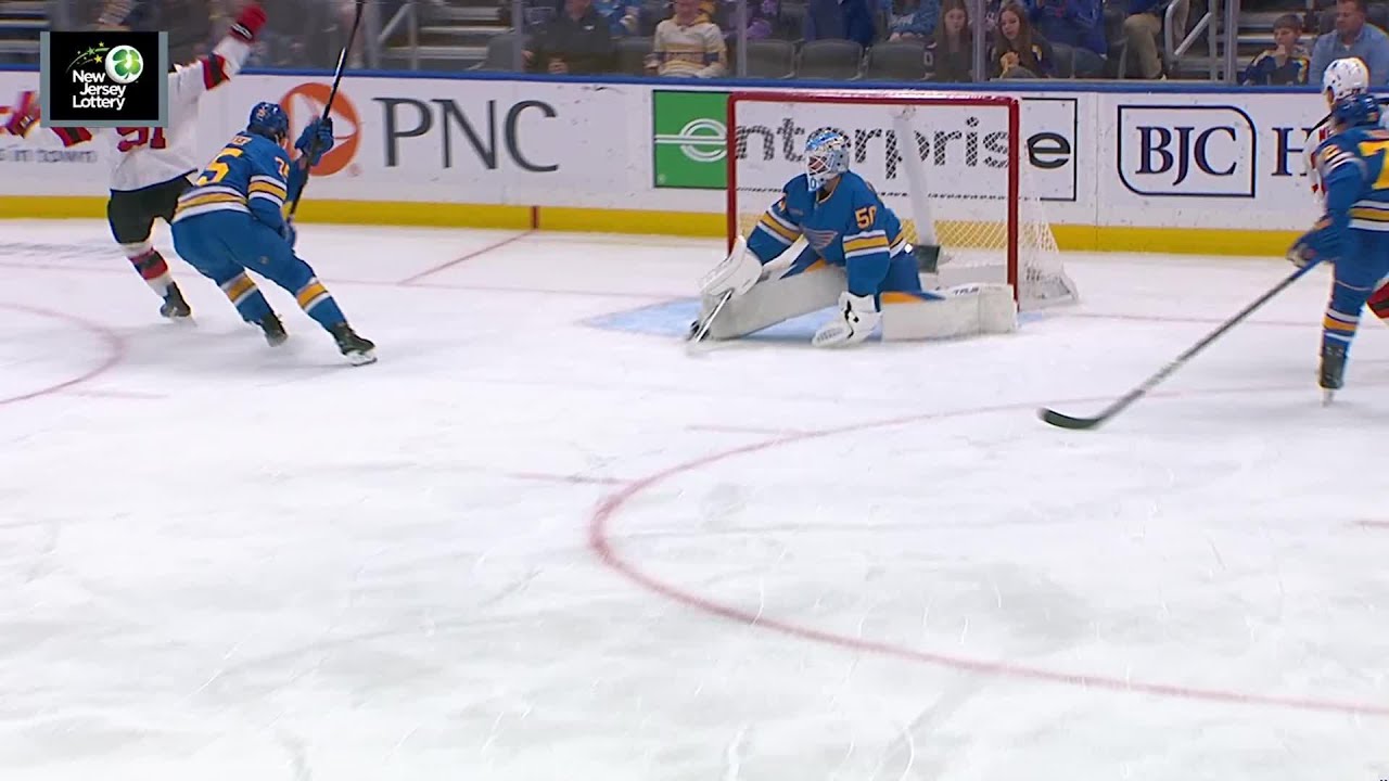 Timo Meier scores a goal against the St. Louis Blues