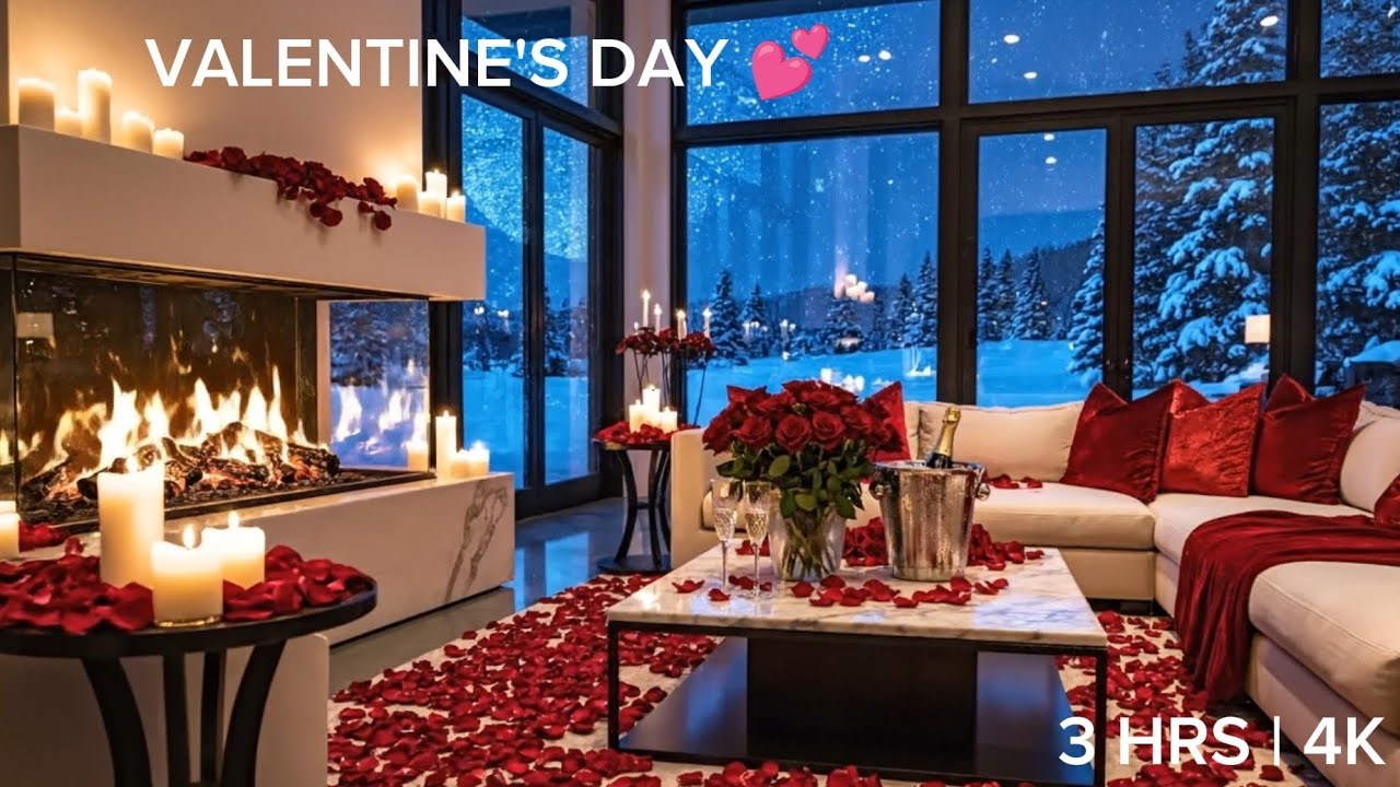 Valentine's Day Romantic Fireplace 💕 - 3 Hours Snowy Cabin Ambience with Candles & Roses | 4K
