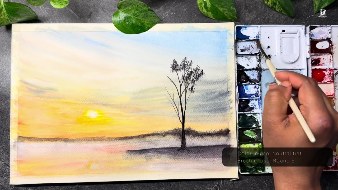 Peaceful Sunset Lake Watercolor | Calm Misty Landscape Painting