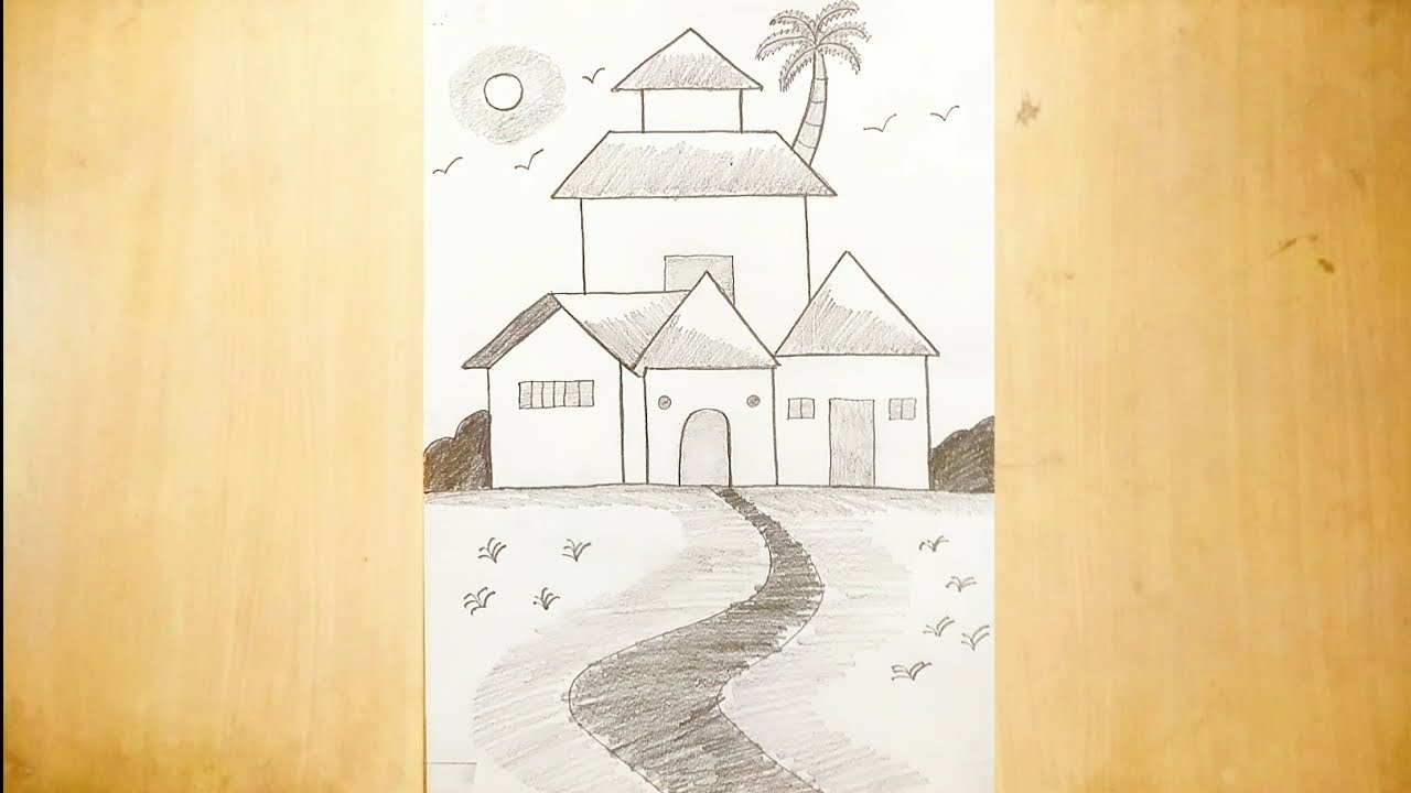Scenery drawing of beautiful house ( villa ) , easy to draw beautiful scenery with simple steps 
