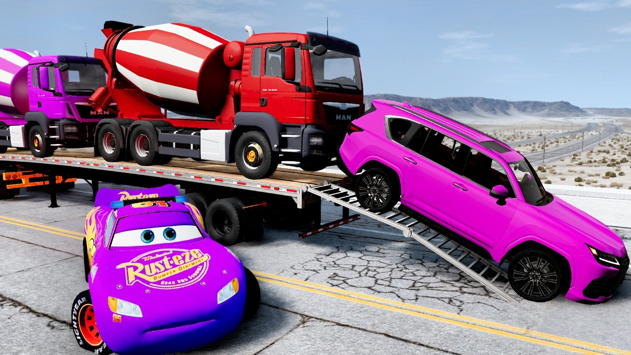 Flatbed Truck Mcqueen  Transportation with Truck   Pothole vs Car #67  BeamNG Drive
