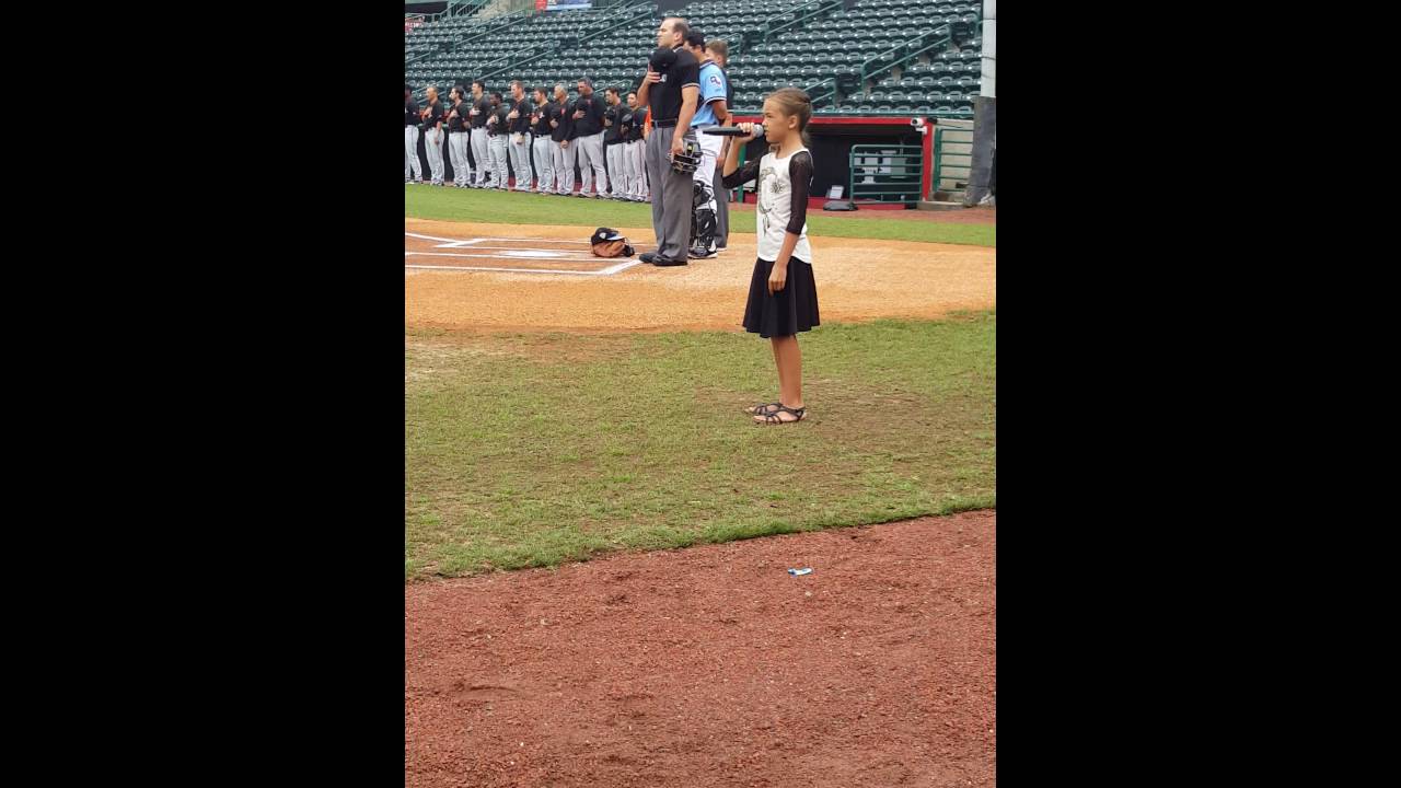Haley Cross singing the National Anthem at the Hickory Crawdads 8/3/16