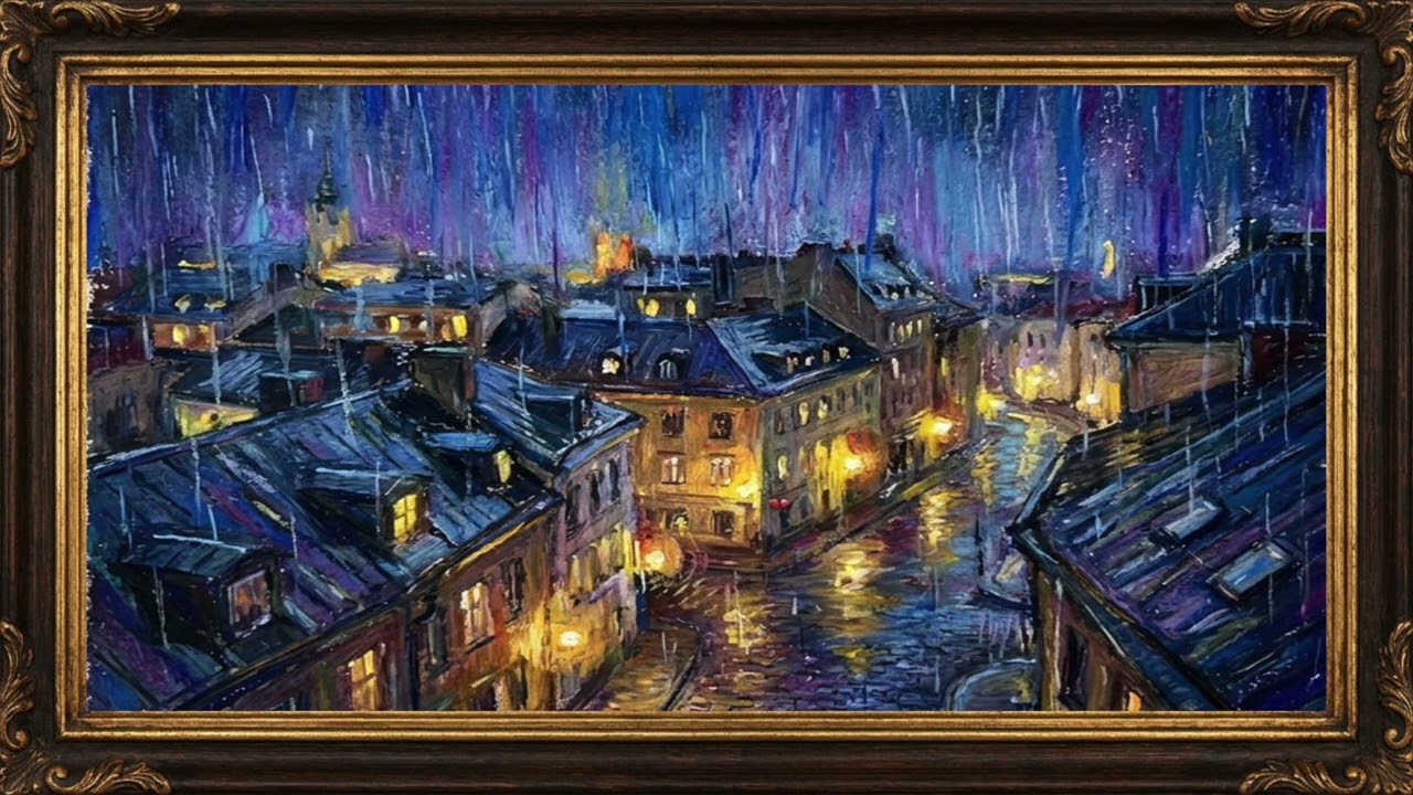 Violet Rain Over Old Town | Impressionist Night Rooftops in the Rain | 4K Framed Cityscape Art
