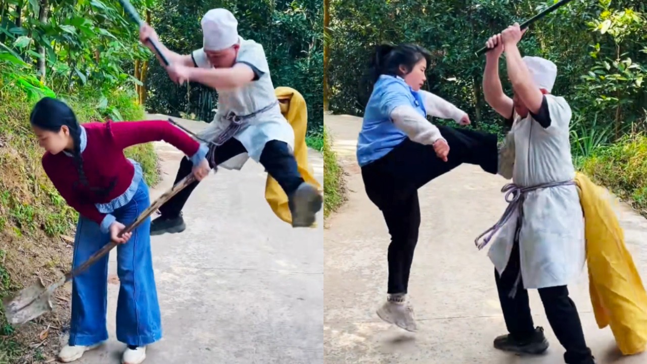 狡猾人贩子背后偷袭美女，正义女保安强势出手，一脚踢飞棍子暴揍歹徒【小啊敏】
