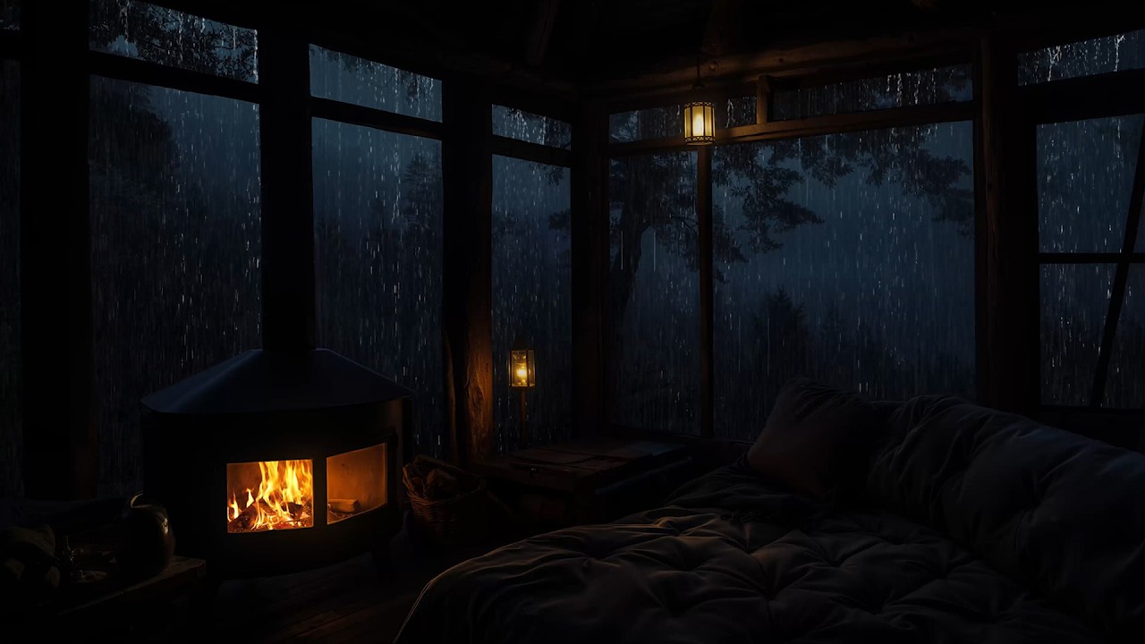 Rain on the Cabin Roof with a Soft Crackling Fireplace at Night | Cozy Warm Ambience