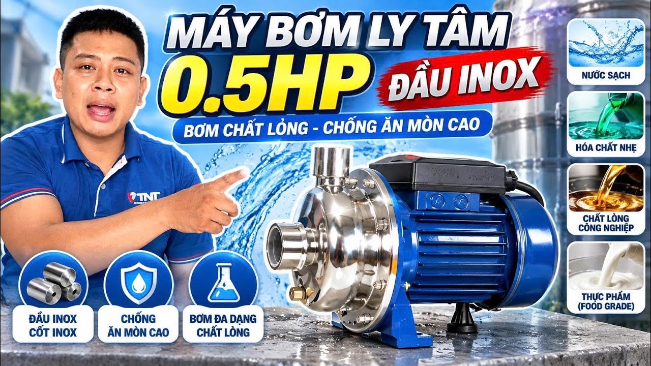 Máy Bơm đầu INOX- cánh Quạt INOX Bơm Hoá Chất - Bơm Thực Phẩm - Chống Ăn Mòn, công suất 370W - 0.5HP