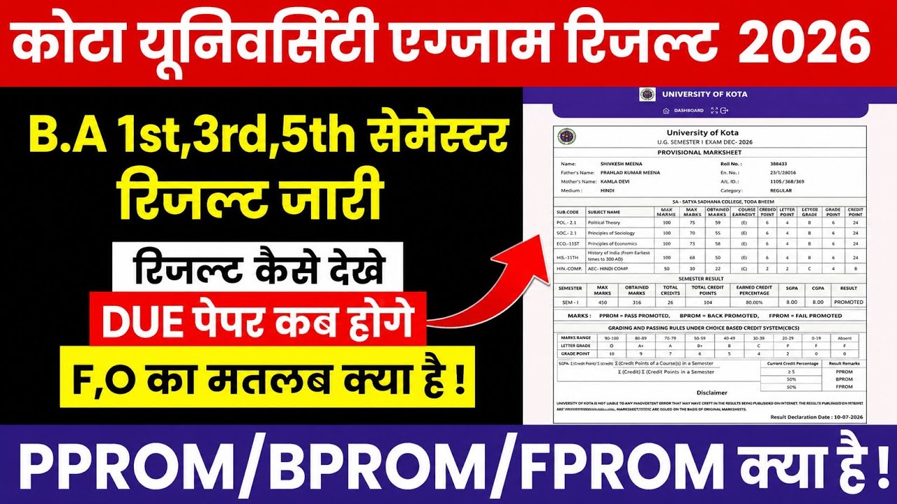 Uok B.A 1st 3rd, 5th Semester Result 2026 Declare|Kota University B.A 1st , 3rd, 5th Semester Result