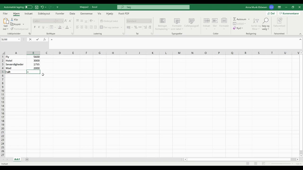 Introduktion til budget i Excel
