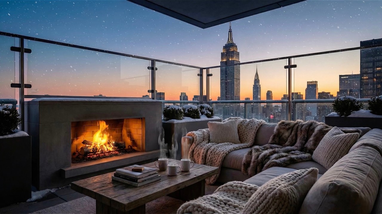 New York City Winter Morning Cozy Balcony Ambience ☕️🌅❄️ (Fireplace Sound)