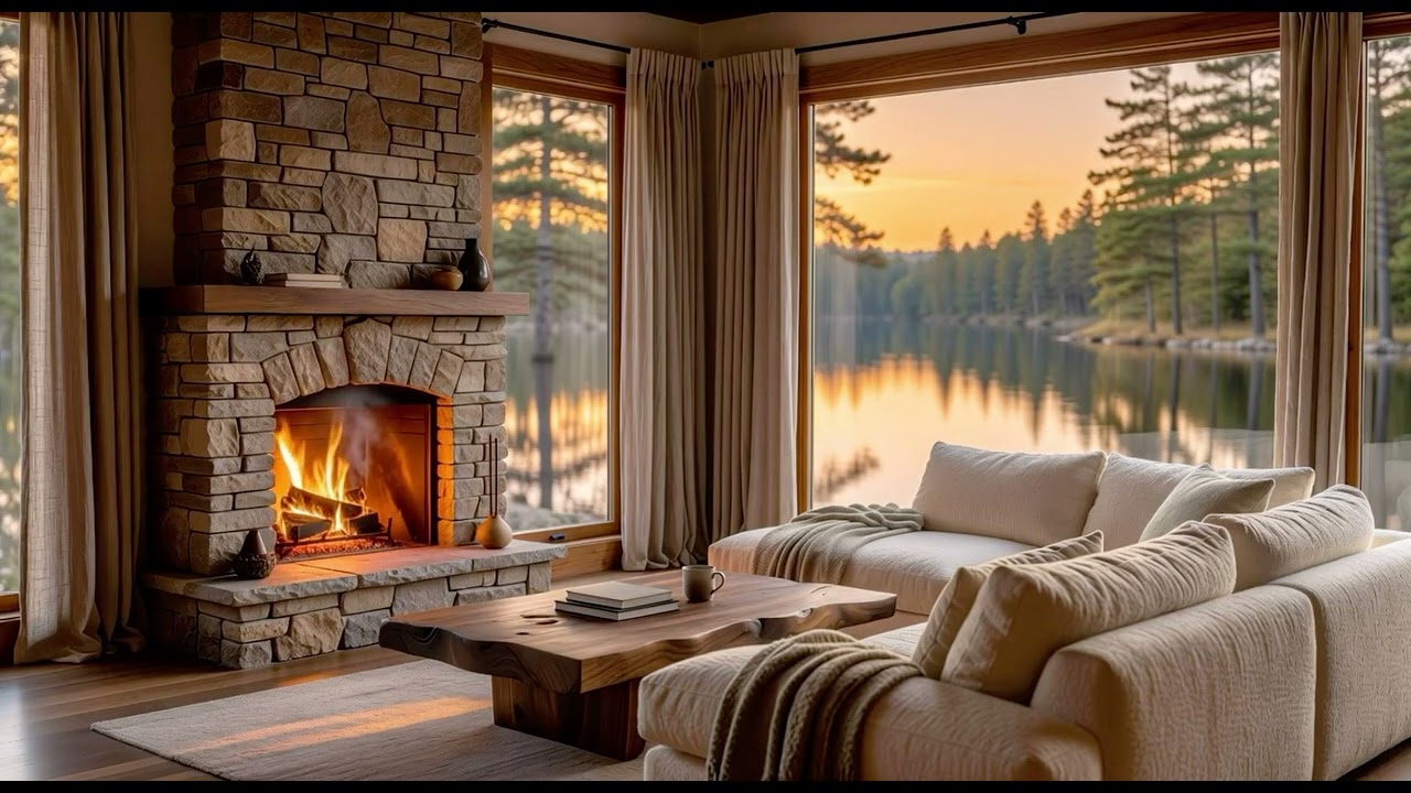 1 Hour Cozy Lakeside Fireplace at Sunset 🔥 Calm Lake Views & Relaxing Fireplace Ambience