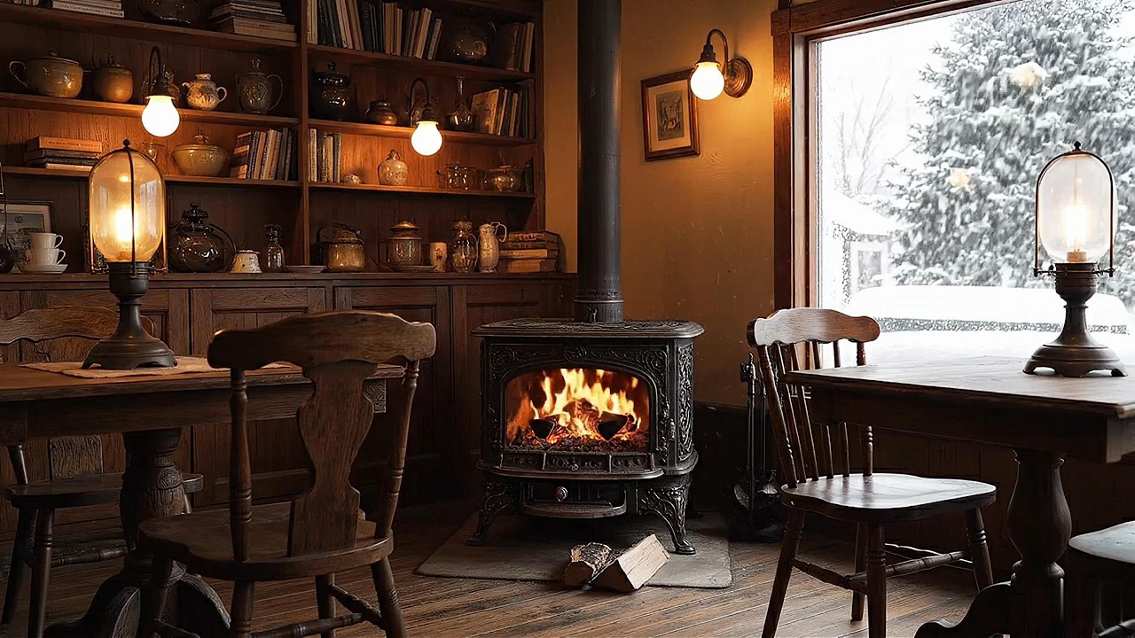 Cozy 4K Retro Winter Cafe Ambience | Old Stove Fire & Gentle Snowfall Outside