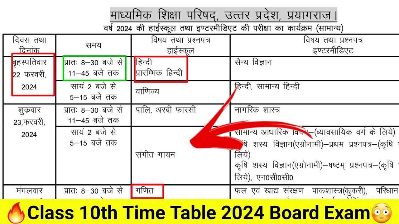 Up board Class 10 time table 2024 | Up board exam 2024 time table, up board class 10 date sheet 2024