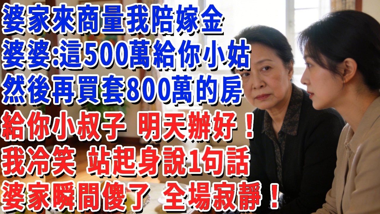 婆家來商量我陪嫁金，婆婆：這500萬給你小姑，然後再買套800萬的房，給你小叔子，明天就辦好吧！我冷笑 站起身說1句話，婆家瞬間傻了 全場寂靜！#小娟講故事 #情感故事 #老年生活