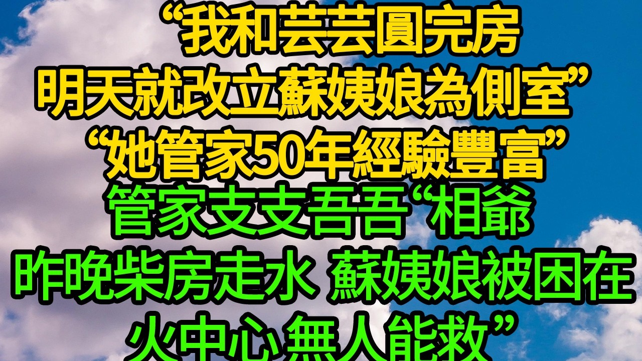 “我和芸芸圓完房，明天改立蘇姨娘為側室”“她管家50年經驗豐富”管家支支吾吾“相爺 昨晚柴房走水，蘇姨娘被困在火中心 無人能救 ”