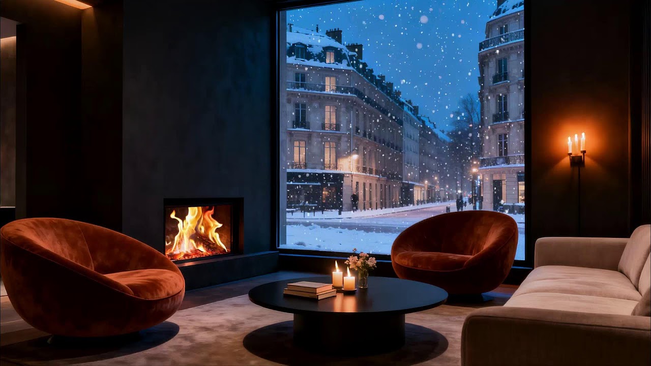 A Slow Winter Evening by the Fireplace Snow Outside