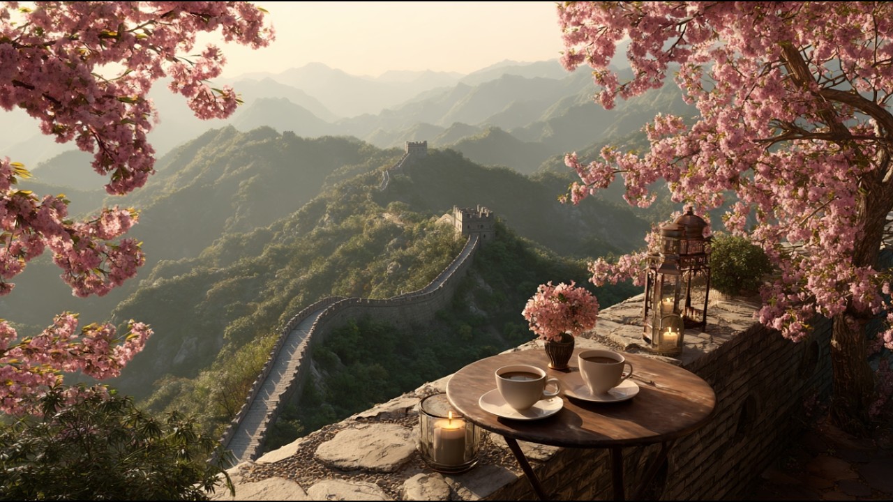 Romantic Pink Gold View | Great Wall China Cinematic Café 🌸 #relaxingpianojazz #relaxingmusic