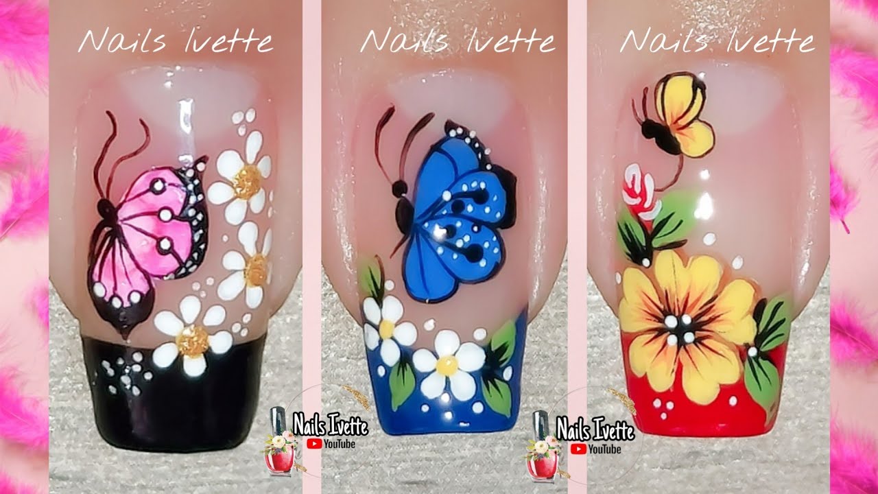 3 DECORACIÓN DE UÑAS FLORES Y MARIPOSAS.DISEÑOS DE UÑAS FLORES Y MARIPOSA.MODELOS DE UÑAS DECORADAS