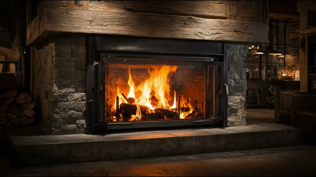 Stone & Flame 🔥 Modern Rustic Fireplace Ambience | Cozy Lodge Night (5 Hours, 4K)