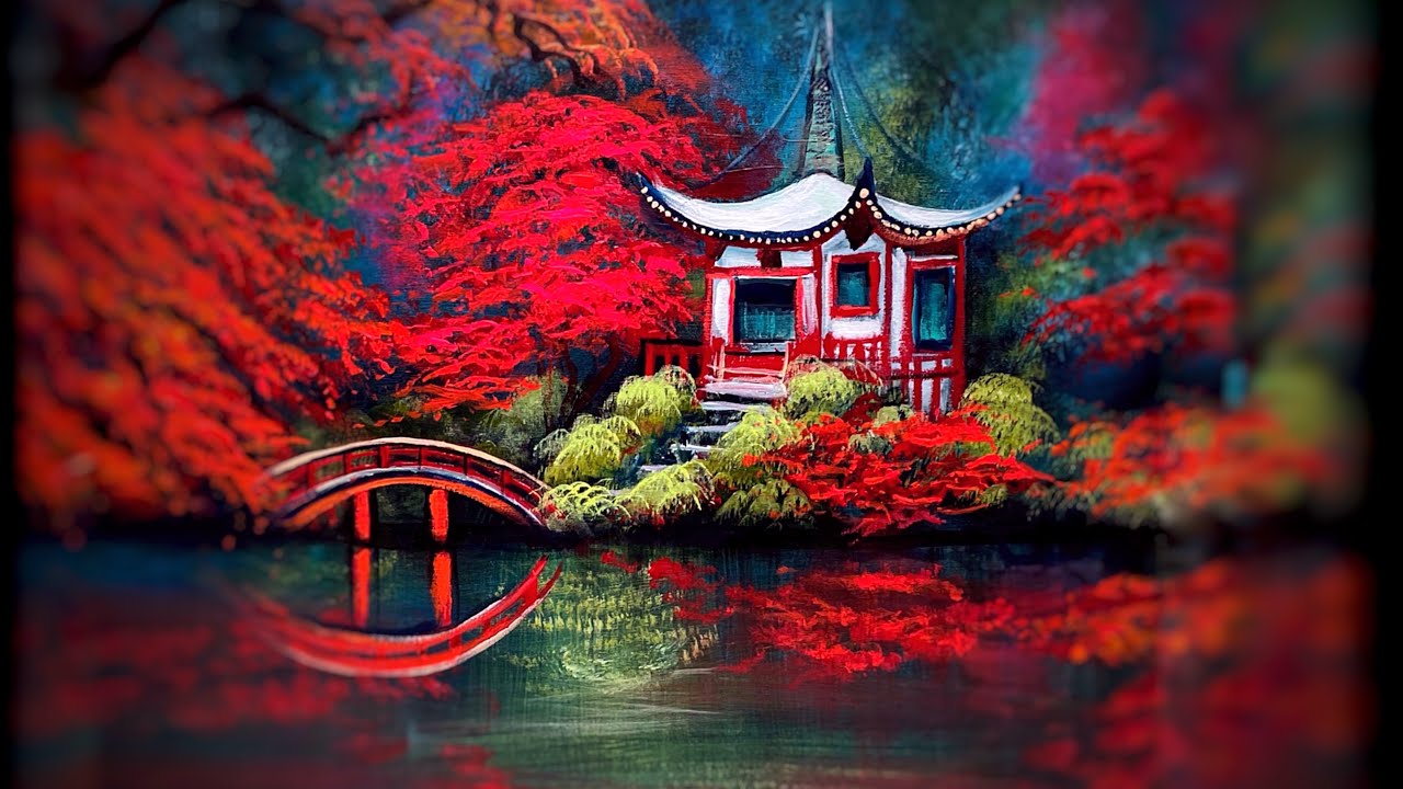 HOW TO PAINT 🍁 Temple In Japan With Red Maple Trees🍁 STEP BY STEP PAINTING TUTORIAL