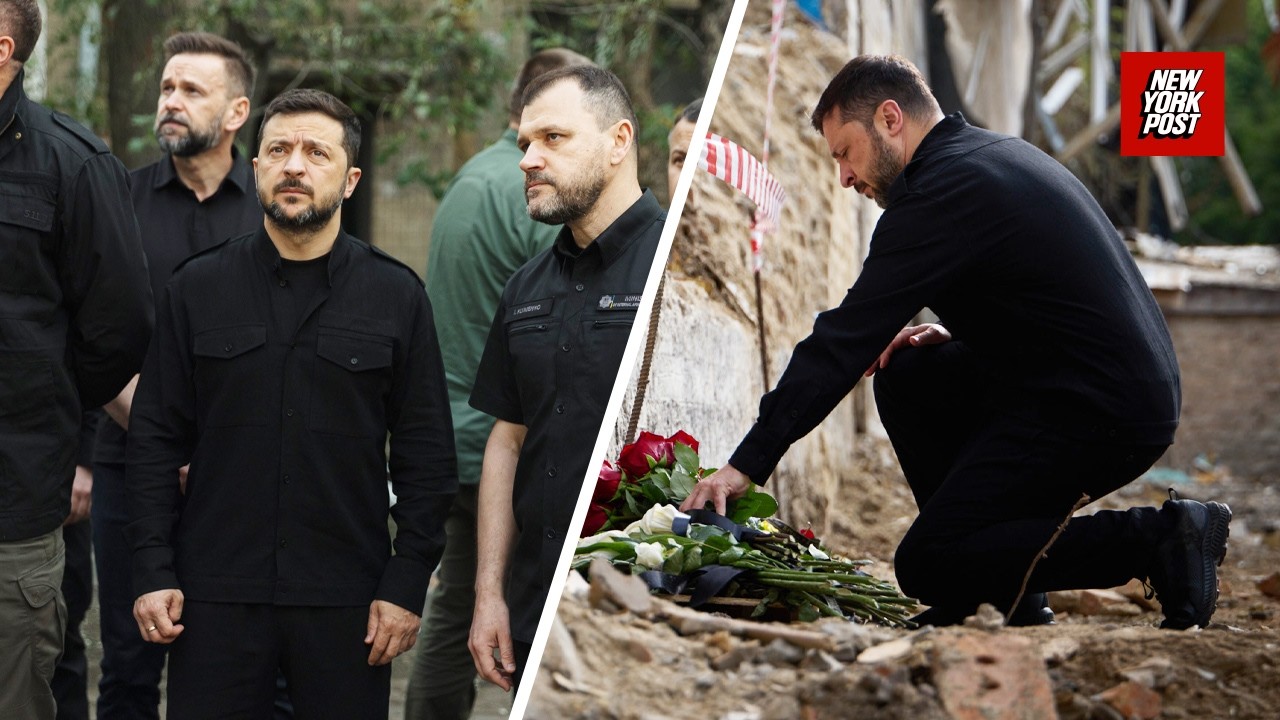 Zelensky visits Kyiv strike site where Russian missile killed 23 civilians