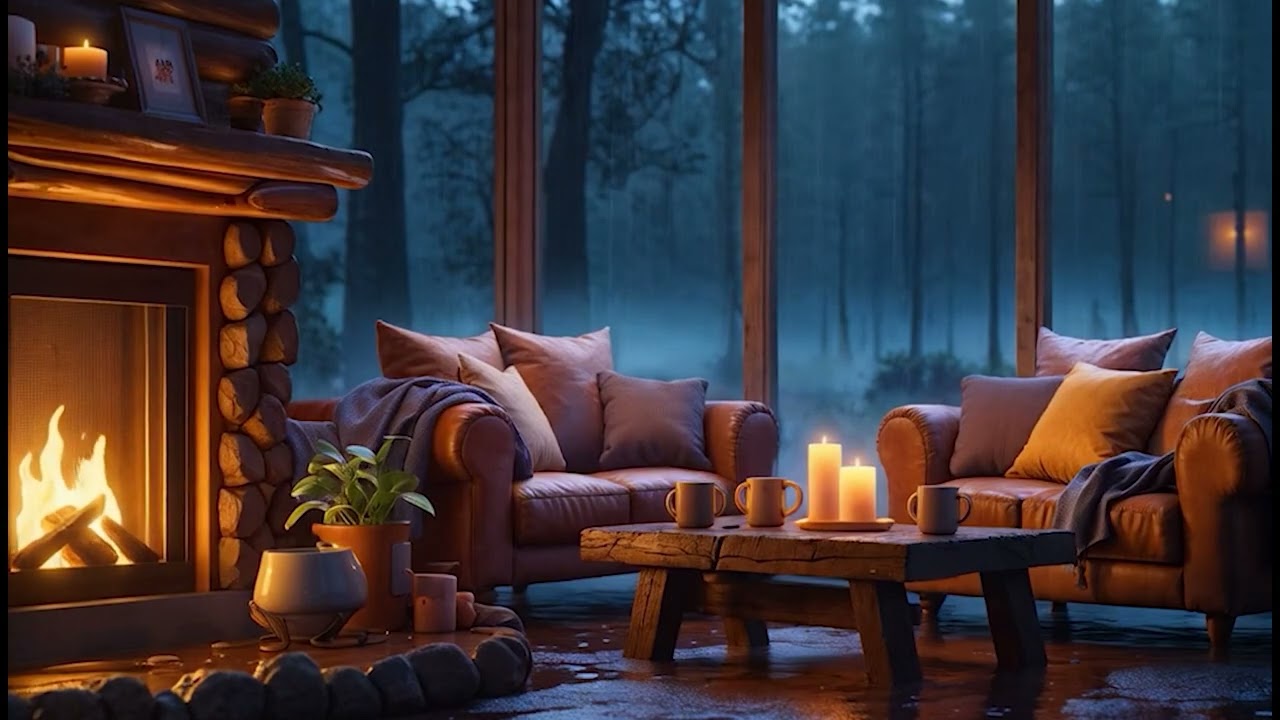 Rainy Dusk Cabin | Cozy Fireplace & Gentle Rain Sounds 