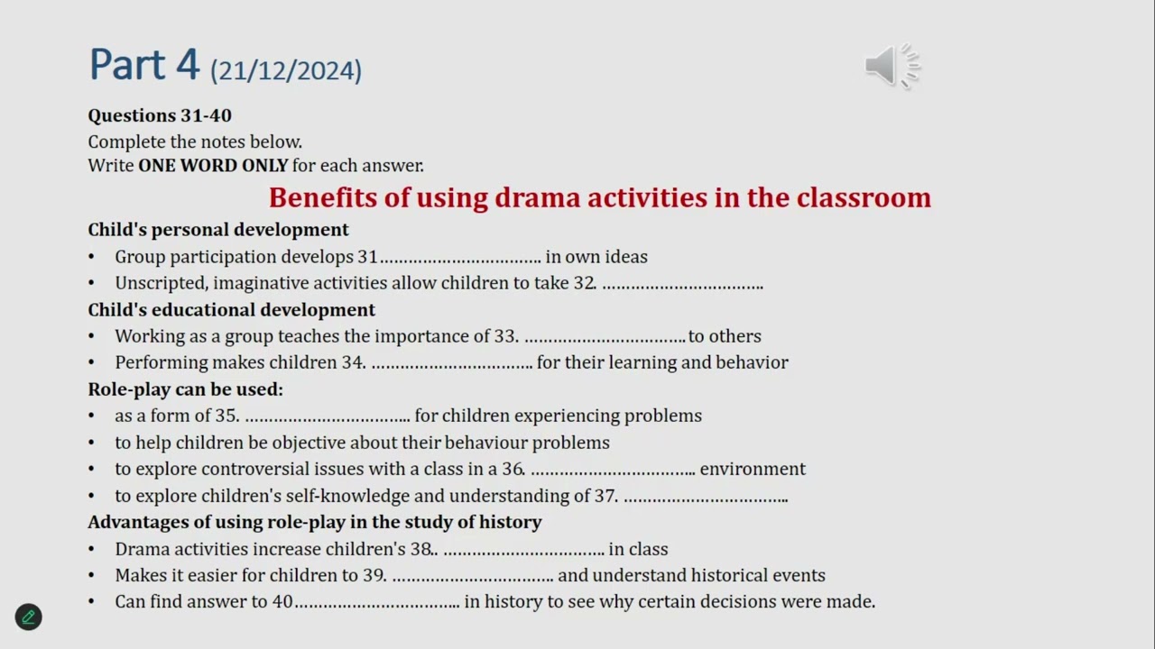 IELTS listening actual test: Part 4 - drama activities ( answer+ transcript)