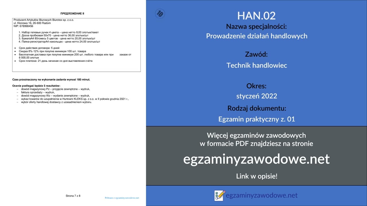 Egzamin zawodowy praktyczny z. 01 HAN.02, Prowadzenie działań handlowych, styczeń 2022