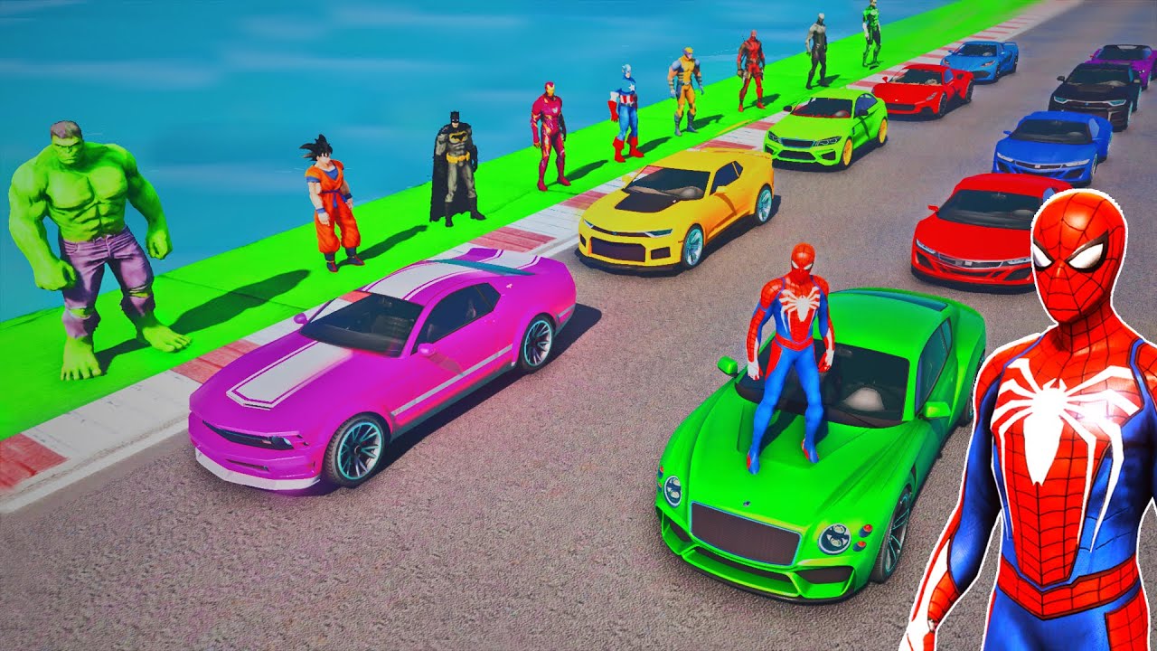 Spiderman RACING With Superheroes Race Sports Cars Challenge Goku Spider Man Hulk Iron Man - GTA 5